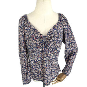 Boden Top Womens US 16 18 UK 20 Blue Paisley Long Sleeve Ruched V Neck Shirt New